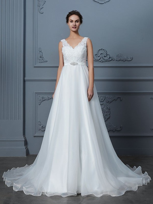 Lace V-neck Floor-Length A-Line/Princess Sleeveless Chiffon Wedding Dresses