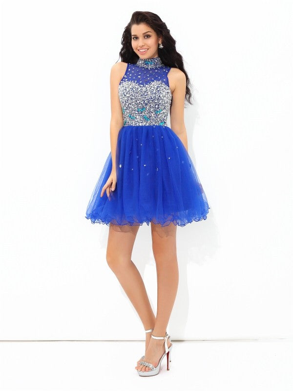 A-Line/Princess High Neck Beading Sleeveless Short Net Dresses Phyllis Cocktail Homecoming Dresses