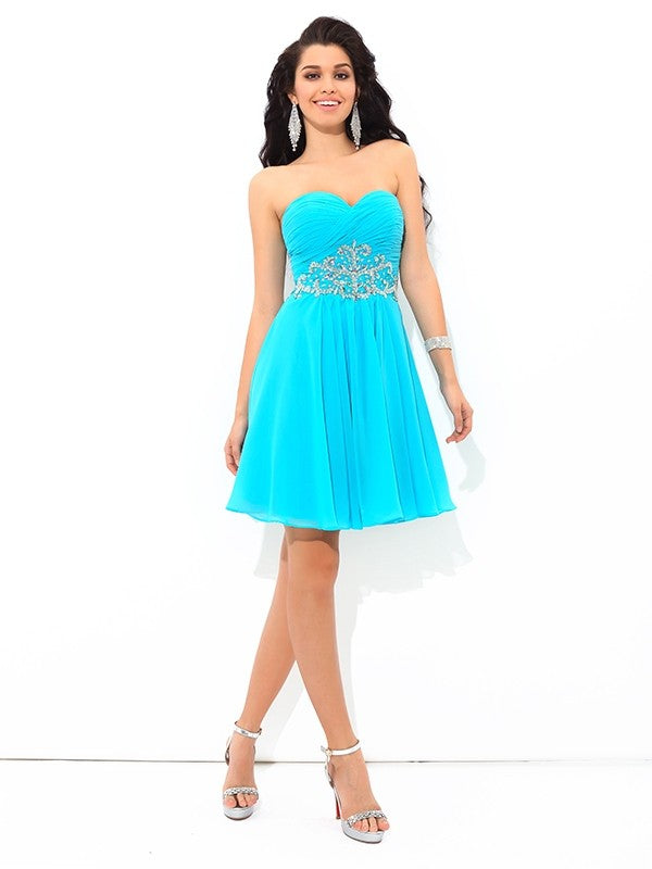 A-Line/Princess Sweetheart Pleats Sleeveless Short Dresses Cocktail Homecoming Dresses Chiffon Ana