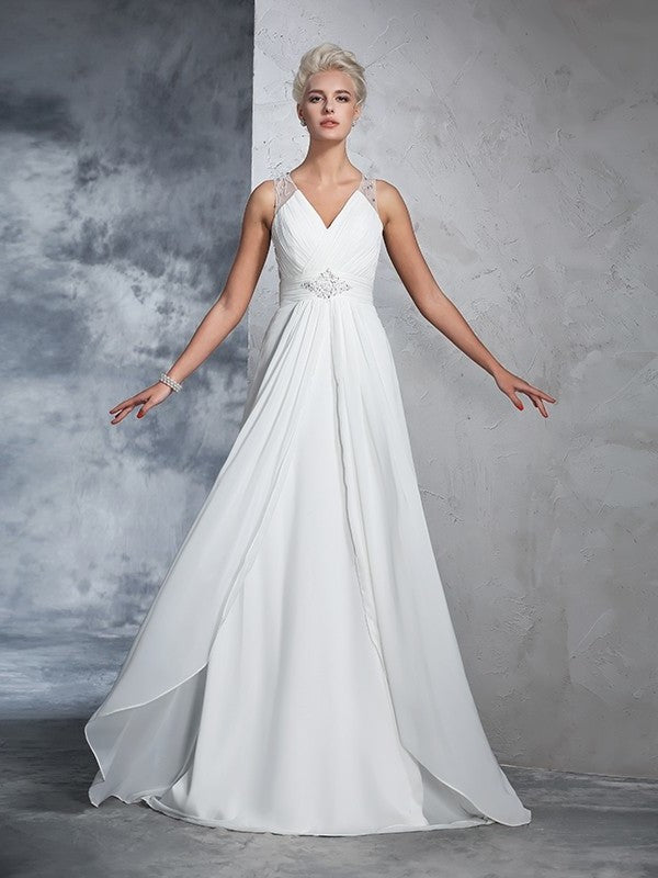 V-neck Ruched Long Sleeveless A-Line/Princess Chiffon Wedding Dresses