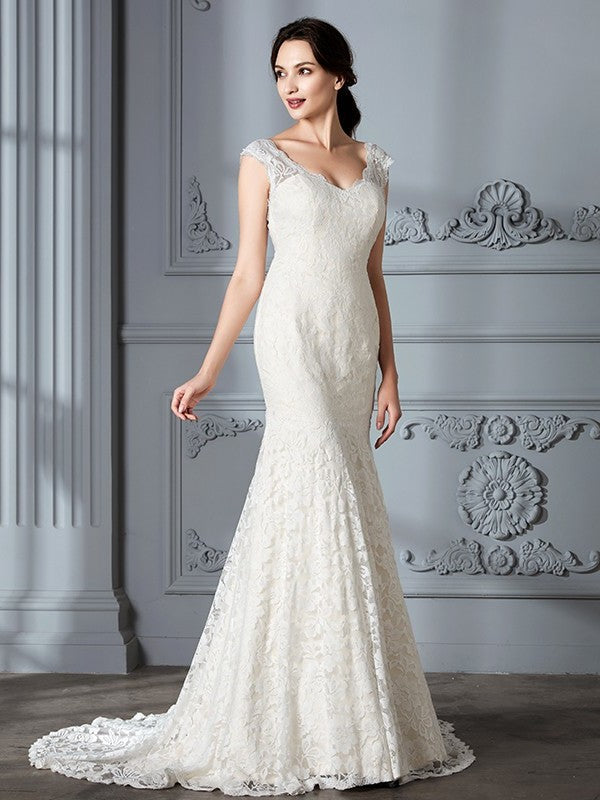 Sleeveless Sweep/Brush V-Neck Lace Trumpet/Mermaid Train Wedding Dresses