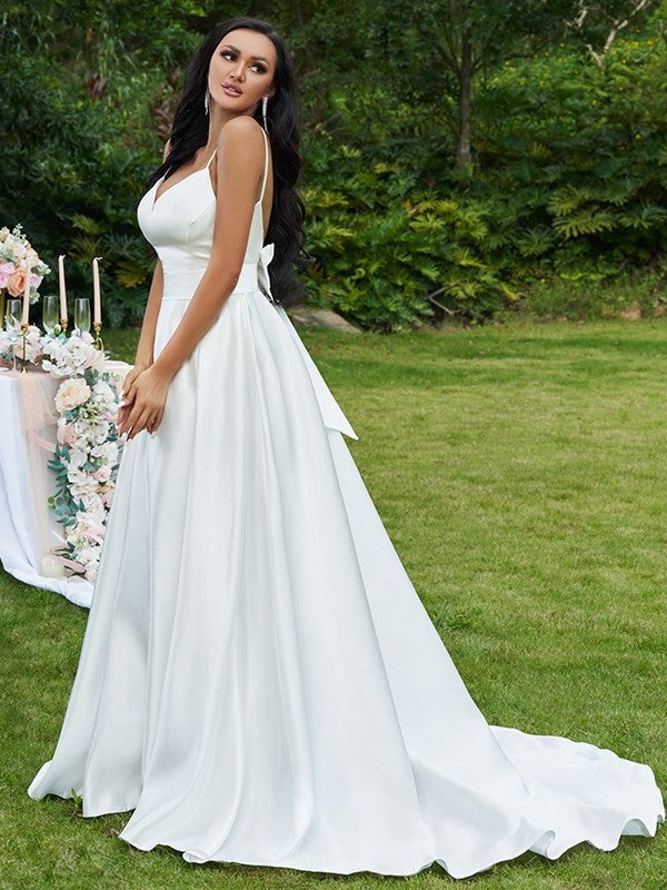 V-neck Satin Sleeveless Sweep/Brush A-Line/Princess Bowknot Train Wedding Dresses