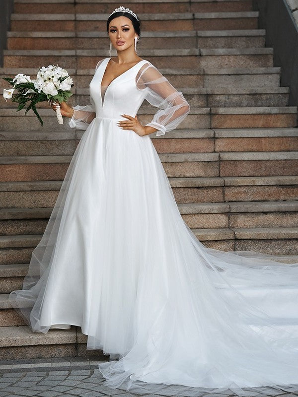 Long A-Line/Princess V-neck Sleeves Tulle Court Ruffles Train Wedding Dresses