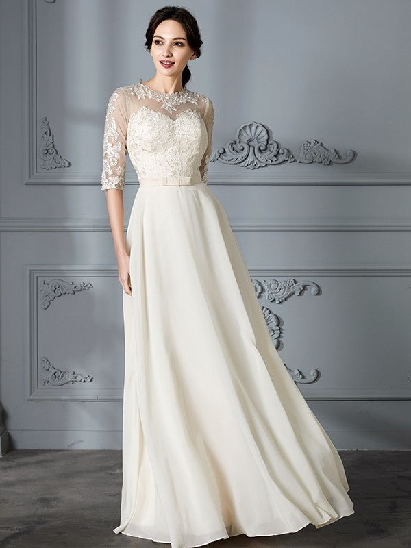 Floor-Length Scoop A-Line/Princess 1/2 Sleeves Chiffon Wedding Dresses