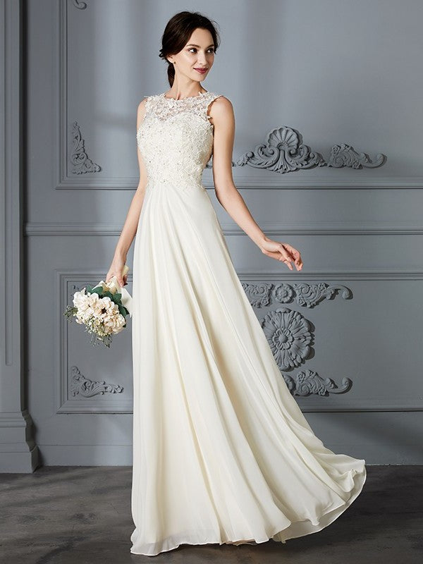 Scoop A-Line/Princess Chiffon Sleeveless Floor-Length Wedding Dresses