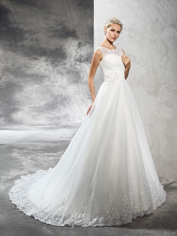 Gown Neck Ball Sleeveless Sash/Ribbon/Belt Long Sheer Net Wedding Dresses