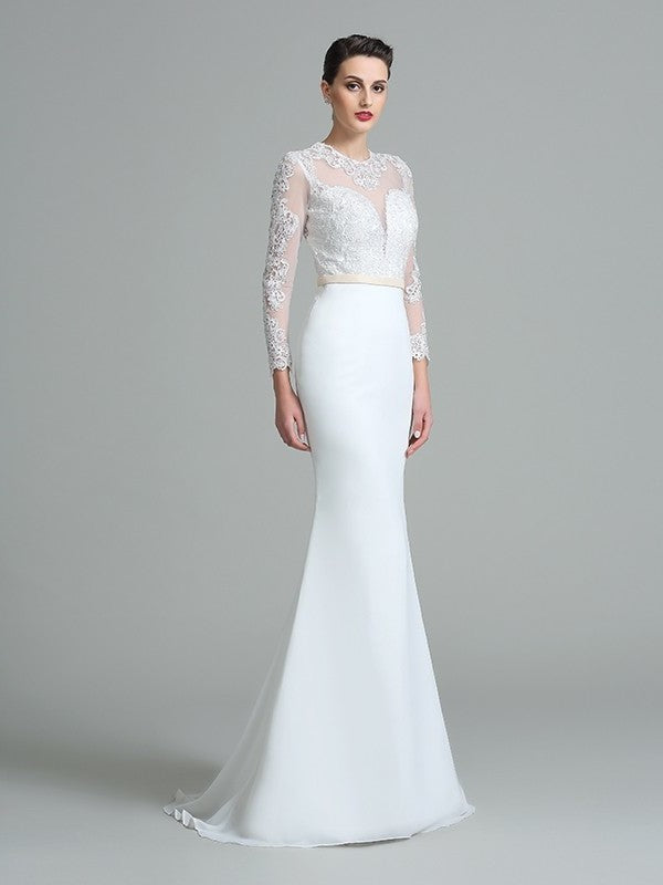 Lace Trumpet/Mermaid Long Sleeves Jewel Long Satin Wedding Dresses