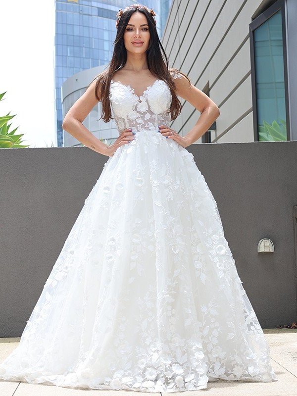 Tulle Sleeveless A-Line/Princess Applique V-neck Floor-Length Wedding Dresses