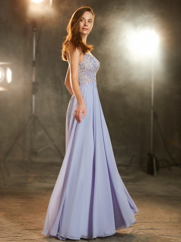 Sleeveless Floor-Length A-Line/Princess Scoop Applique Chiffon Dresses