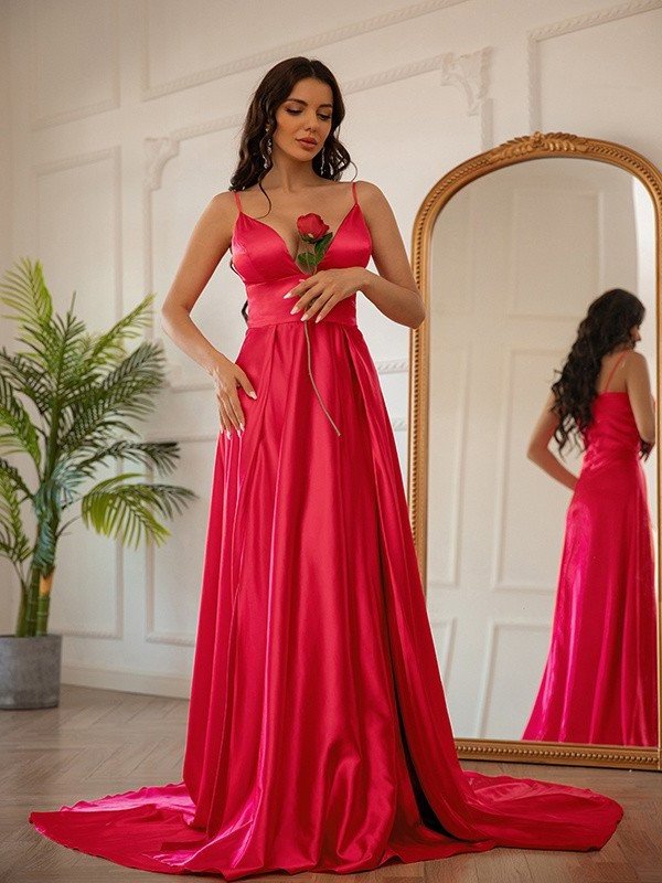 Sleeveless Silk Ruched A-Line/Princess like V-neck Satin Sweep/Brush Train Dresses