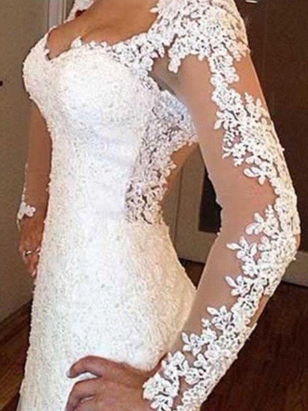 Applique Sleeves Train Sweep/Brush Trumpet/Mermaid Long V-neck Lace Wedding Dresses