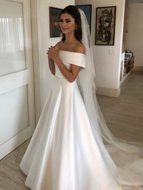 Ruffles Sweep/Brush Off-the-Shoulder Train Sleeveless A-Line/Princess Satin Wedding Dresses