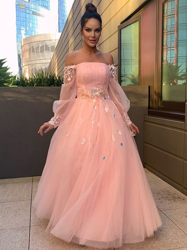 Gown Flower Sleeves Hand-Made Ball Long Tulle Off-the-Shoulder Floor-Length Dresses