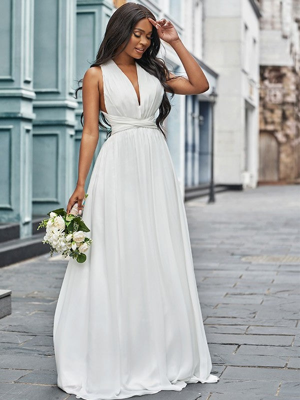 Ruched Chiffon A-Line/Princess Sleeveless Halter Floor-Length Wedding Dresses