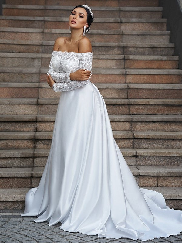 Long Satin Lace Sweep/Brush A-Line/Princess Off-the-Shoulder Sleeves Train Wedding Dresses