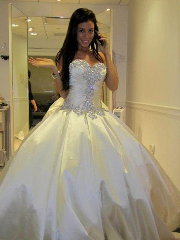 Ball Cathedral Sweetheart Sleeveless Satin Ruffles Gown Train Wedding Dresses