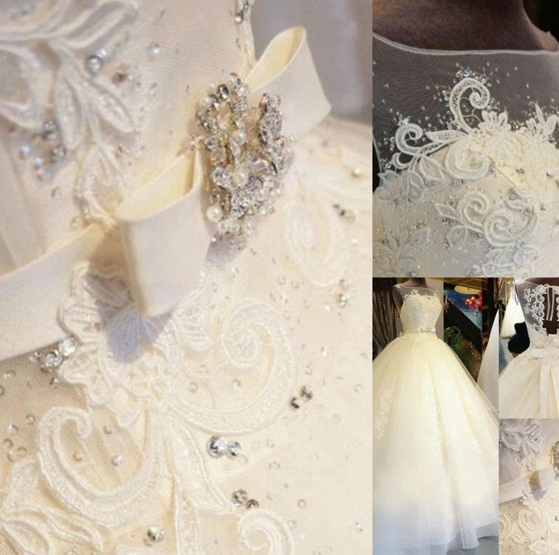 Sweep/Brush Sash/Ribbon/Belt Beading Applique Off-the-Shoulder Gown Ball Train Sleeveless Lace Wedding Dresses