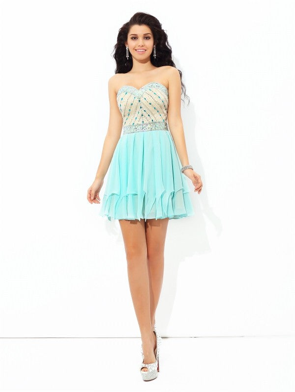 Homecoming Dresses A-Line/Princess Sweetheart Beading Short Sleeveless Chiffon Reagan Cocktail Dresses