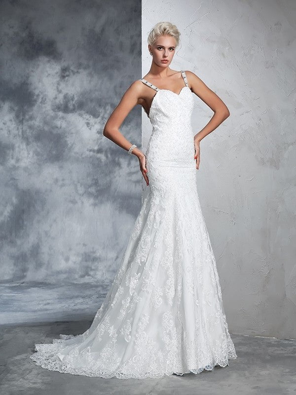 Long Sleeveless Trumpet/Mermaid Straps Spaghetti Lace Lace Wedding Dresses