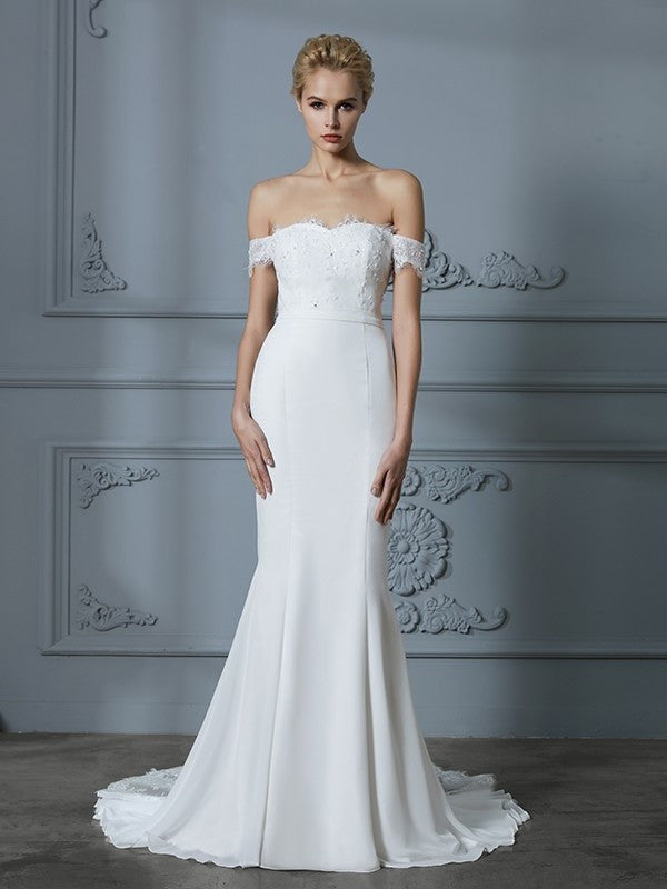 Sweep/Brush Lace Sleeveless Chiffon Off-the-Shoulder Trumpet/Mermaid Train Wedding Dresses