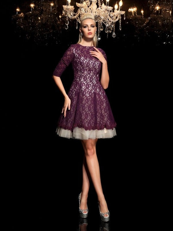 1/2 Lace Sleeves Neck Short A-Line/Princess Sheer Lace Cocktail Dresses