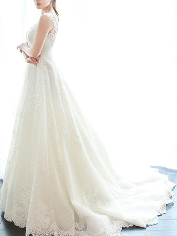 A-Line/Princess Court Train Sleeveless Applique V-neck Lace Wedding Dresses