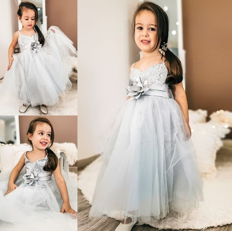 A-Line/Princess Sequin Tea-Length Spaghetti Tulle Sleeveless Straps Flower Girl Dresses