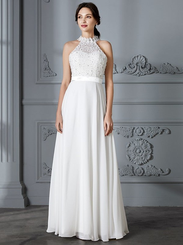 Scoop Sleeveless A-Line/Princess Floor-Length Chiffon Wedding Dresses