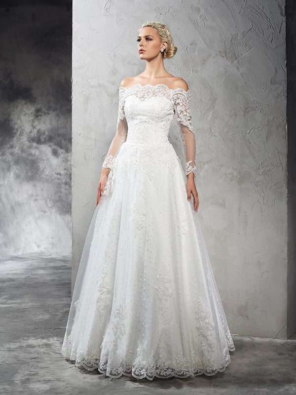 Lace Long Gown Long Sleeves Off-the-Shoulder Ball Net Wedding Dresses