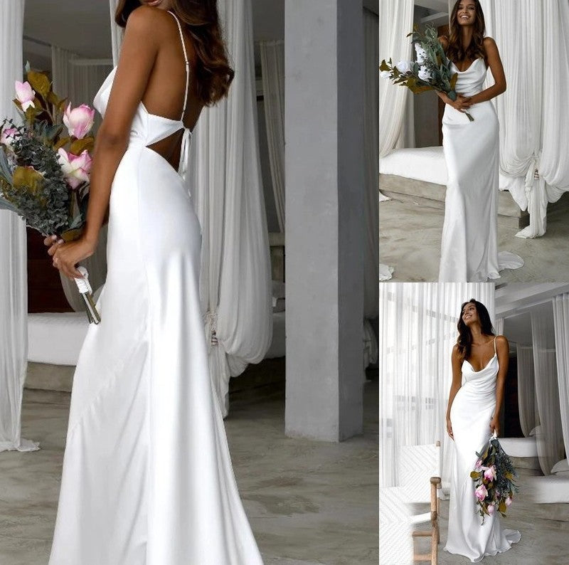 Silk like Sweep/Brush Satin Ruched Spaghetti Straps Train Sheath/Column Sleeveless Wedding Dresses