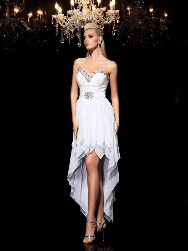 A-Line/Princess Cocktail Caroline Chiffon Homecoming Dresses Sweetheart Beading Sleeveless High Low Dresses