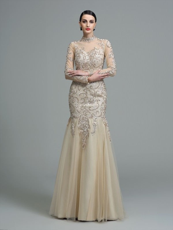 Sleeves Long High Sheath/Column Applique Neck Long Net Dresses