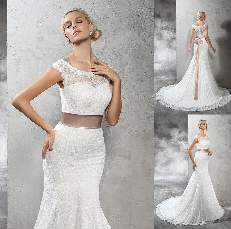 Sheath/Column Sheer Sash/Ribbon/Belt Neck Sleeveless Long Lace Wedding Dresses