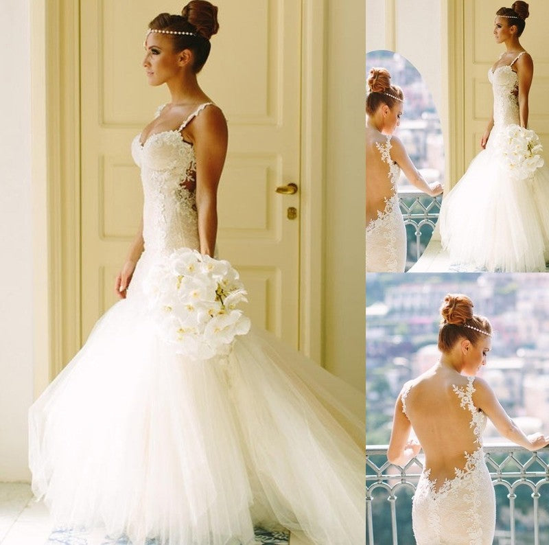 Train Sleeveless Applique Spaghetti Lace Trumpet/Mermaid Straps Court Sweetheart Tulle Wedding Dresses