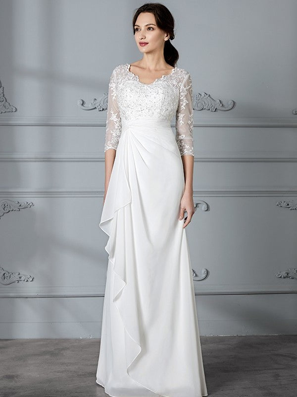 V-neck Chiffon Sheath/Column Sleeves 3/4 Floor-Length Wedding Dresses