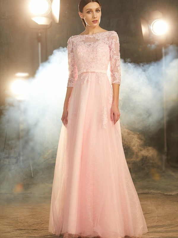 Floor-Length 1/2 A-Line/Princess Sleeves Bateau Applique Tulle Dresses