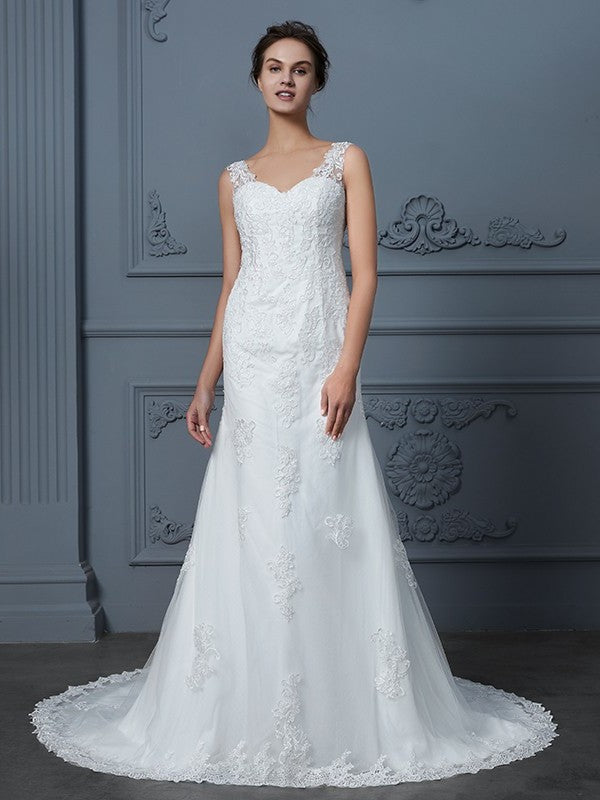 Lace Court Trumpet/Mermaid Sleeveless V-neck Train Tulle Wedding Dresses