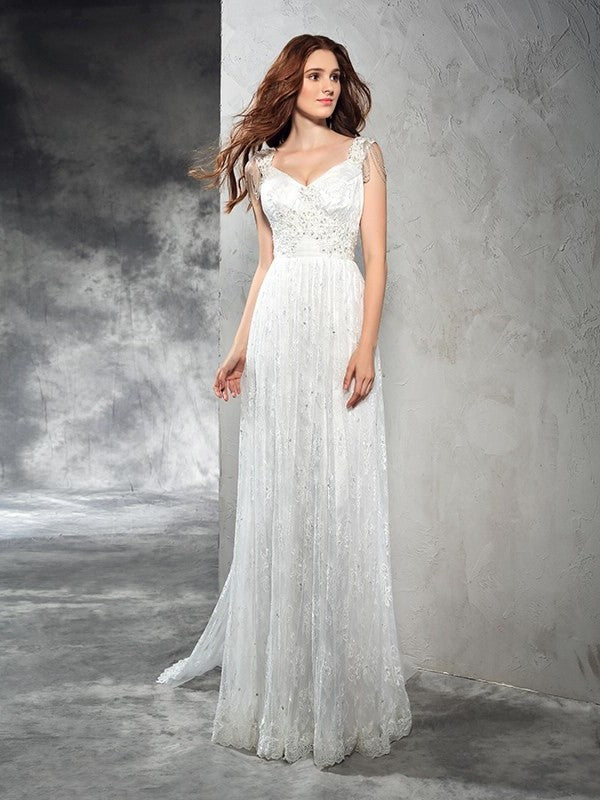 Lace A-Line/Princess Long Straps Sleeveless Lace Wedding Dresses