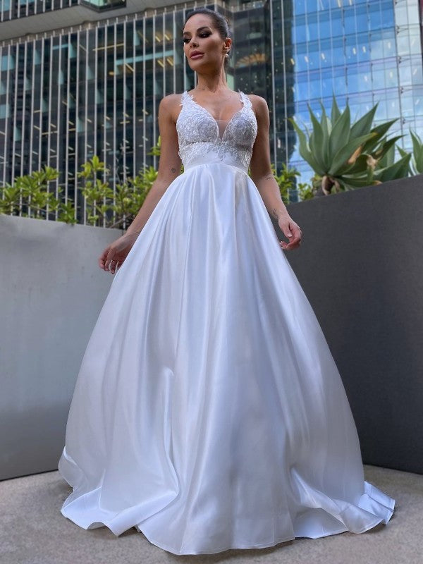 Satin Sleeveless Sweep/Brush Applique A-Line/Princess V-neck Train Wedding Dresses