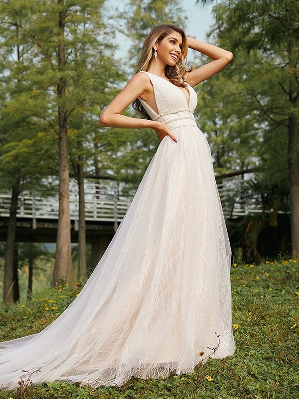 Tulle V-neck Ruffles A-Line/Princess Sweep/Brush Sleeveless Train Wedding Dresses