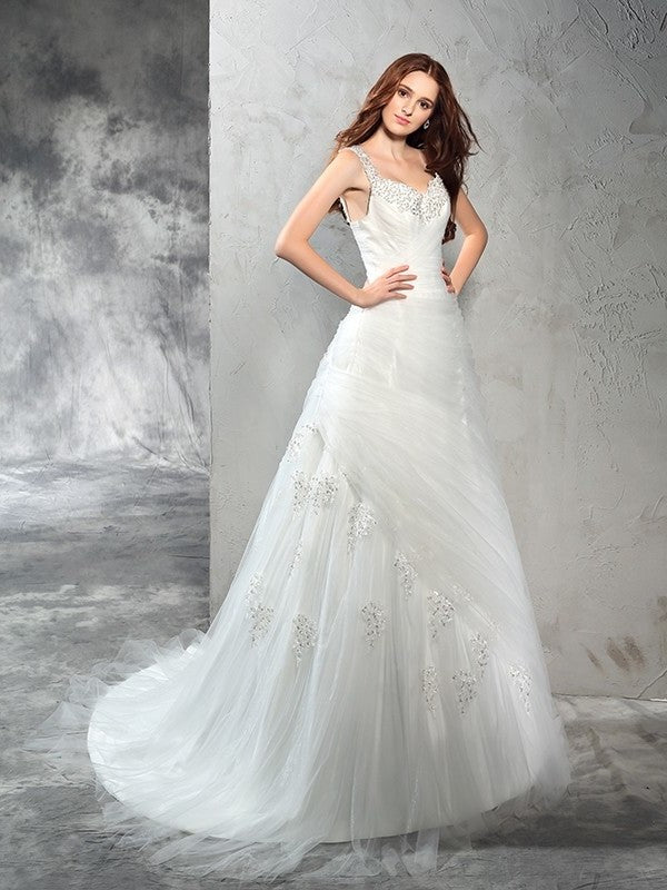 Straps Gown Applique Long Sleeveless Ball Net Wedding Dresses