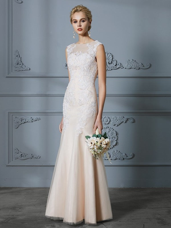 Trumpet/Mermaid Scoop Applique Tulle Sleeveless Floor-Length Wedding Dresses