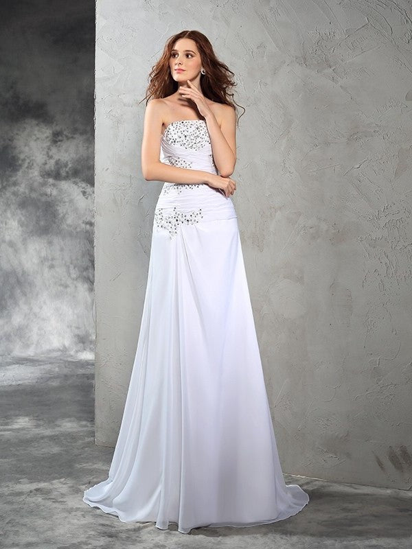 Long Strapless Beading Sleeveless Sheath/Column Chiffon Wedding Dresses