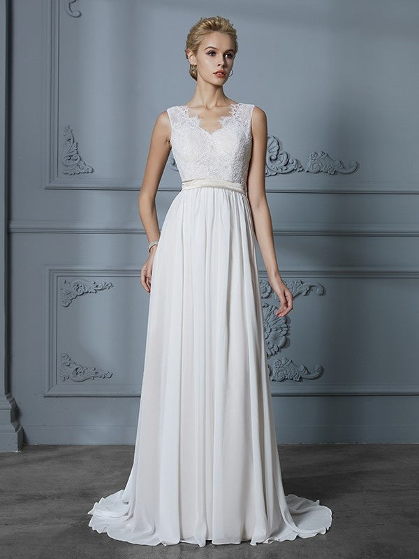 A-Line/Princess Chiffon Sleeveless V-neck Court Train Wedding Dresses