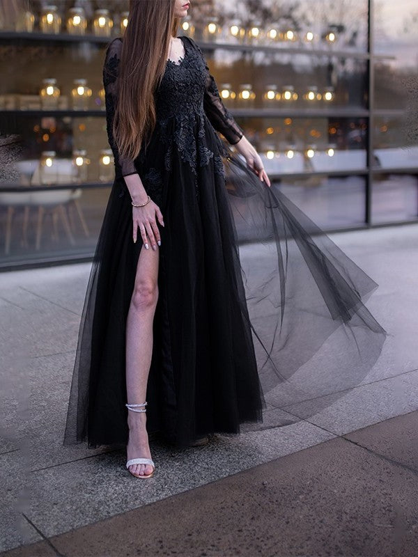 Tulle Applique Ball Sleeves Gown Long Off-the-Shoulder Floor-Length Dresses