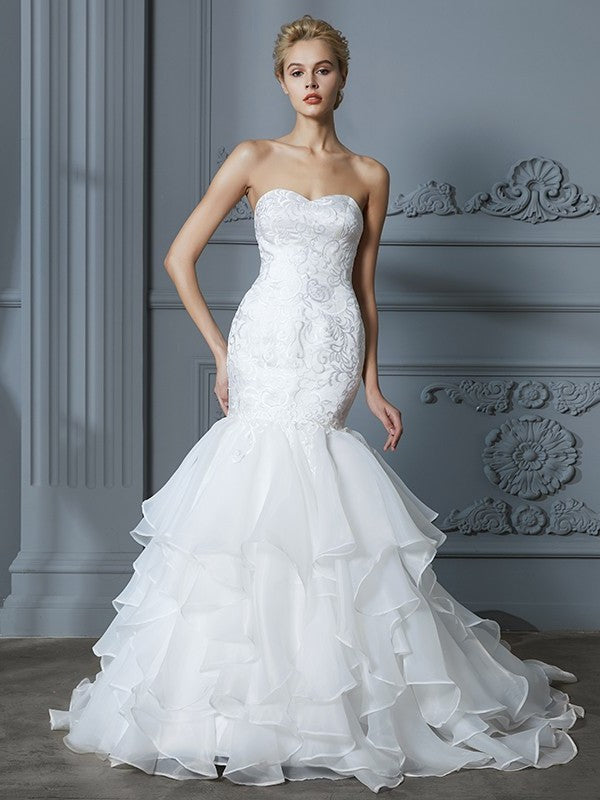 Sweep/Brush Train Ruffles Sweetheart Sleeveless Trumpet/Mermaid Organza Wedding Dresses