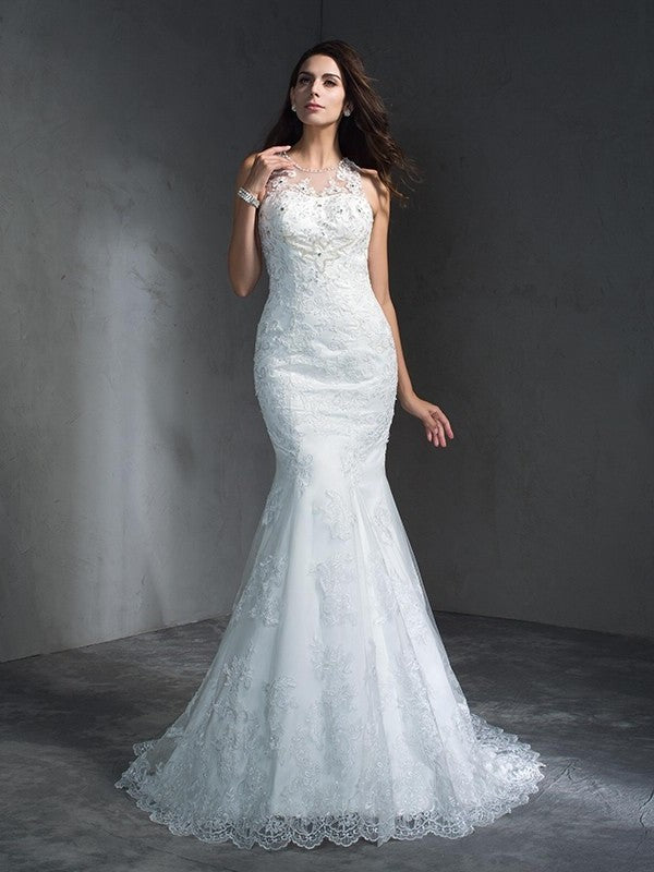 Applique Long Sleeveless Scoop Trumpet/Mermaid Lace Wedding Dresses