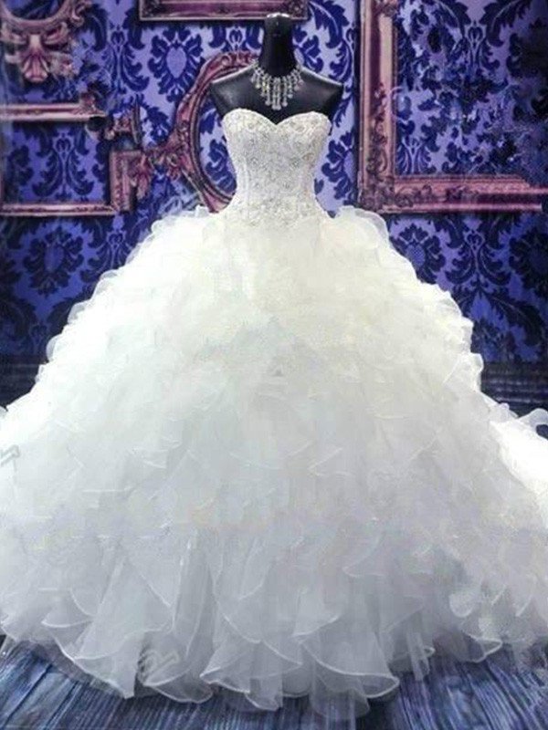 Train Sequin Chapel Sleeveless Ball Beading Sweetheart Gown Organza Wedding Dresses