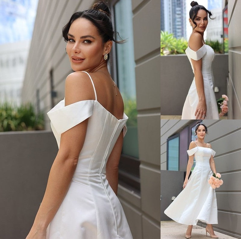 Sleeveless Spaghetti Straps Satin A-Line/Princess Ruffles Ankle-Length Wedding Dresses