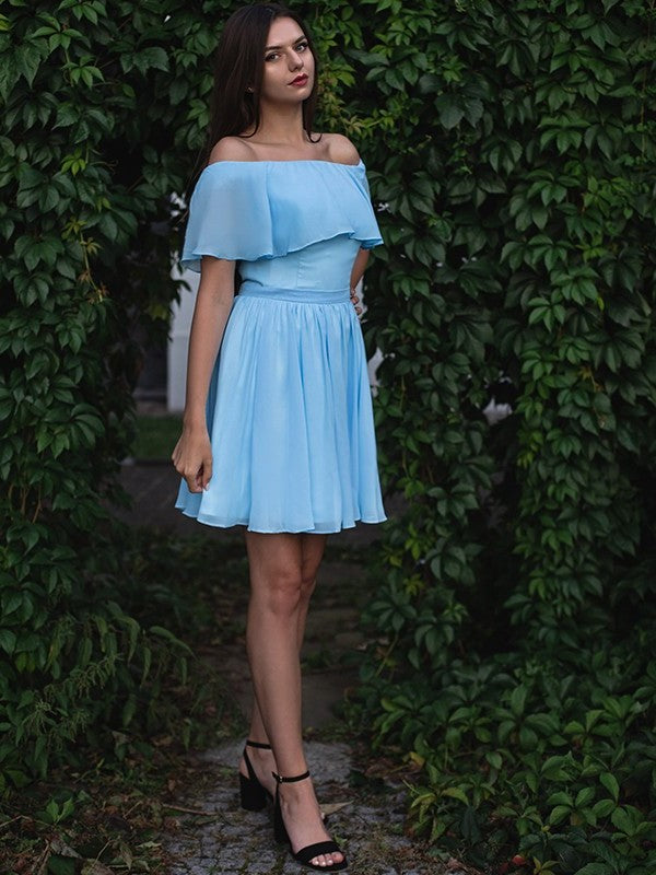 A-Line/Princess Sleeveless Off-the-Shoulder Chiffon Ruffles Short/Mini Homecoming Dresses